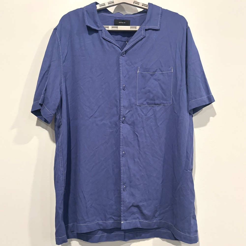 Cotton On Riviera Men Shirt Large Worker Blue Pop Stitch Streetwear Casual 21383